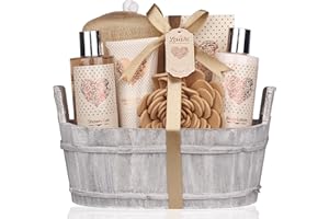 Spa Gift Basket – Bath and Body Set with Vanilla Fragrance by Lovestee - Gift Basket Includes Shower Gel, Body Lotion, Hand Lotion, Bath Salt, Eva Sponge and a Bath Puff