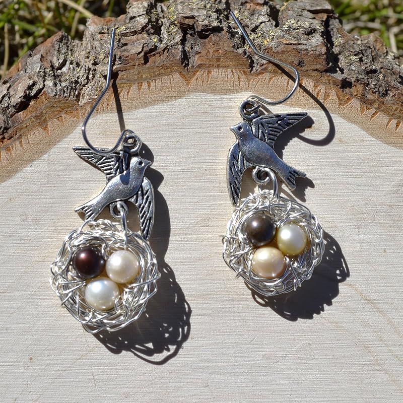 Birds nest earrings with pearl "eggs" Handmade