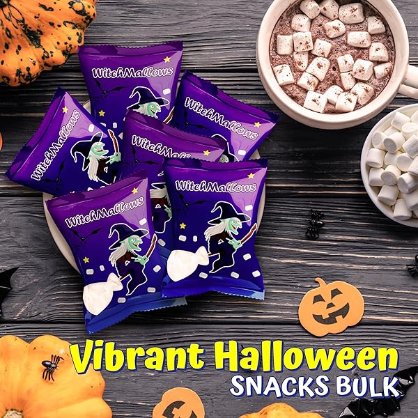 4E’S NOVELTY 24 PACK HALLOWEEN MINI MARSHMALLOWS INDVIDUALLY WRAPPED VANILLA FLAVOR – HALLOWEENS CANDY FOR KIDS IN BULK, SNACKS FOR TRICK OR TREAT, 17 MARSHMALLOWS IN EACH BAG (WITCHMALLOWS)