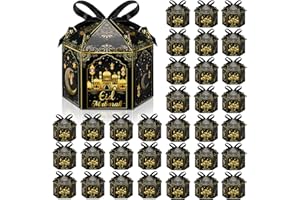 Eersida 30 Pack Eid Mubarak Gift Boxes Ramadan Treat Boxes Eid Mubarak Gift Bags with Handle Ribbon Bulk Eid Mubarak Star Moon Castle Lantern Eid Wrap Boxes Candy Box for Ramadan Party