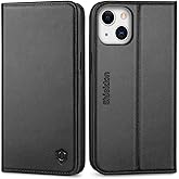 SHIELDON Case for iPhone 13, Genuine Leather Wallet Case with Kickstand RFID Blocking Credit Card Holder Shockproof Full Protection Magnetic Cover Compatible with iPhone 13 5G 6.1" - Black