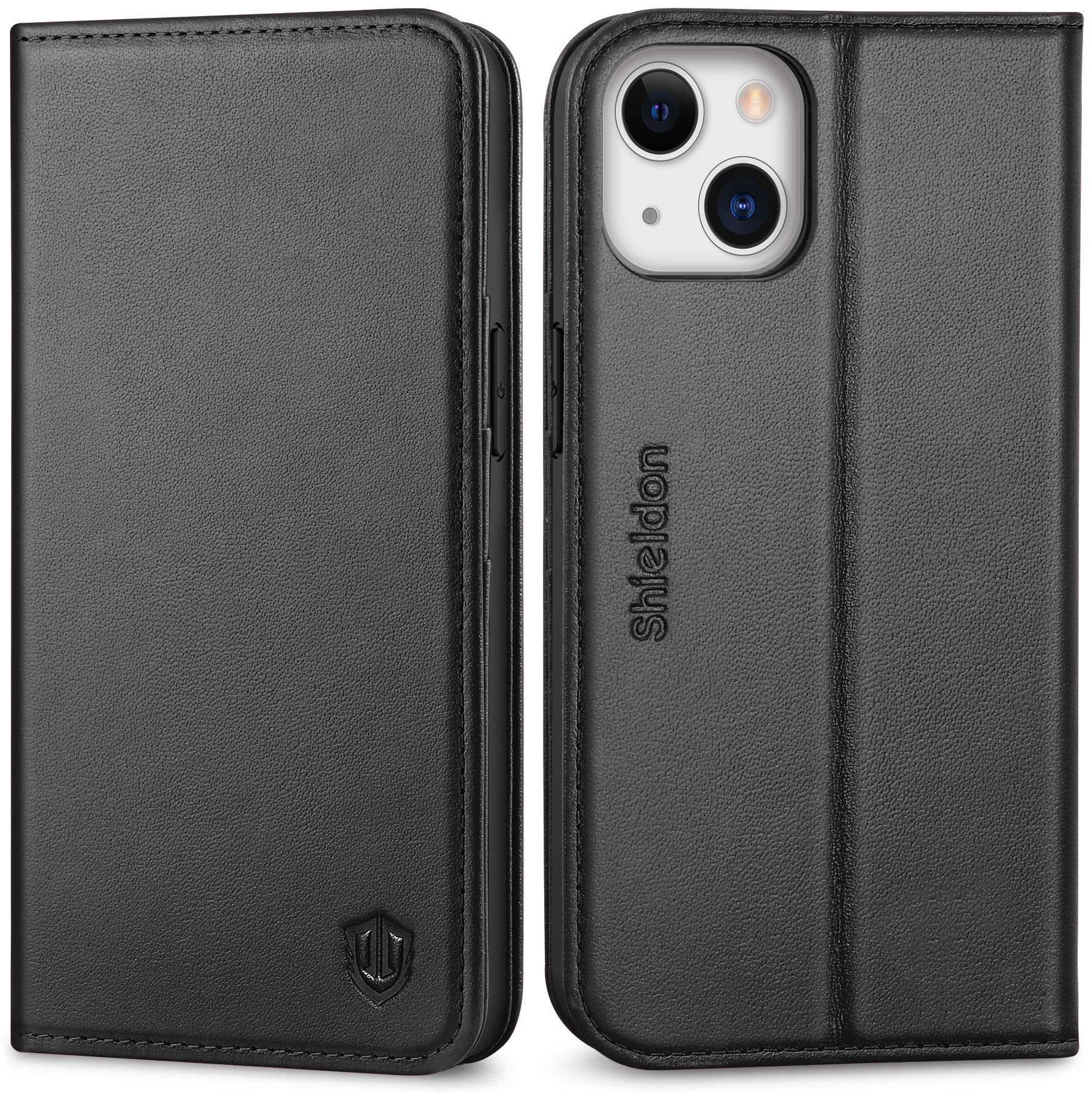 SHIELDON Wallet Case for iPhone 13, Genuine Leather Folio Case [Card Slots][Magnetic Closure][RFID Blocking][TPU Shockproof][Kickstand] Flip Cover Compatible with iPhone 13 6.1" 5G 2021, Black