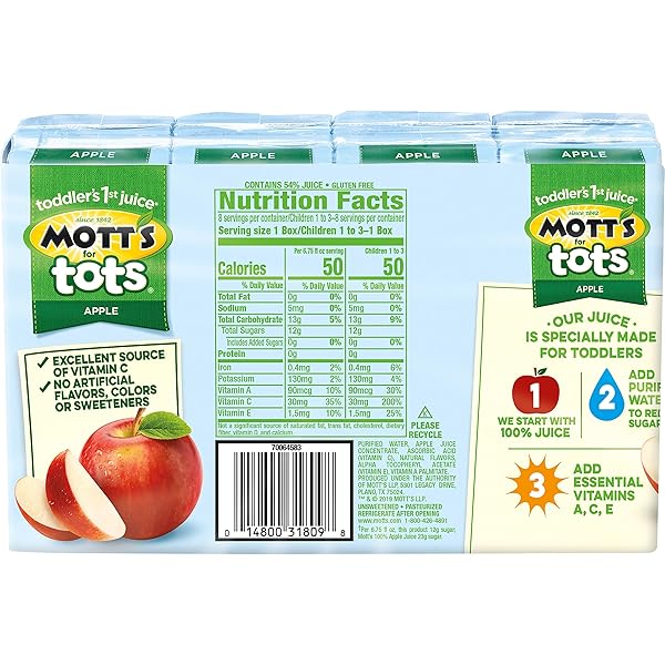 MOTT’S FOR TOTS APPLE, 6.75 FL OZ BOXES, 32 COUNT (4 PACKS OF 8), JUICE WITH PURIFIED WATER, GOOD SOURCE OF VITAMIN C, 40% LESS SUGAR THAN 100% APPLE JUICE, NO ARTIFICIAL SWEETENERS