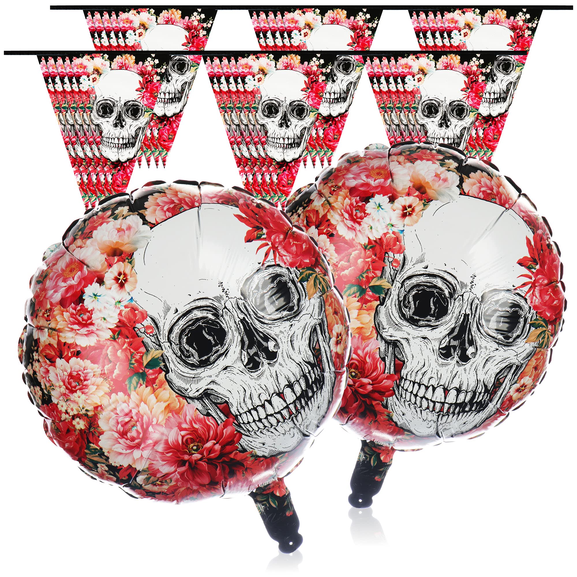 COM-FOUR® 4-piece set of pennants and foil balloons, hanging decoration set for Halloween, birthday, motto party - Day of the Dead design (4-piece set - Day of the Dead)