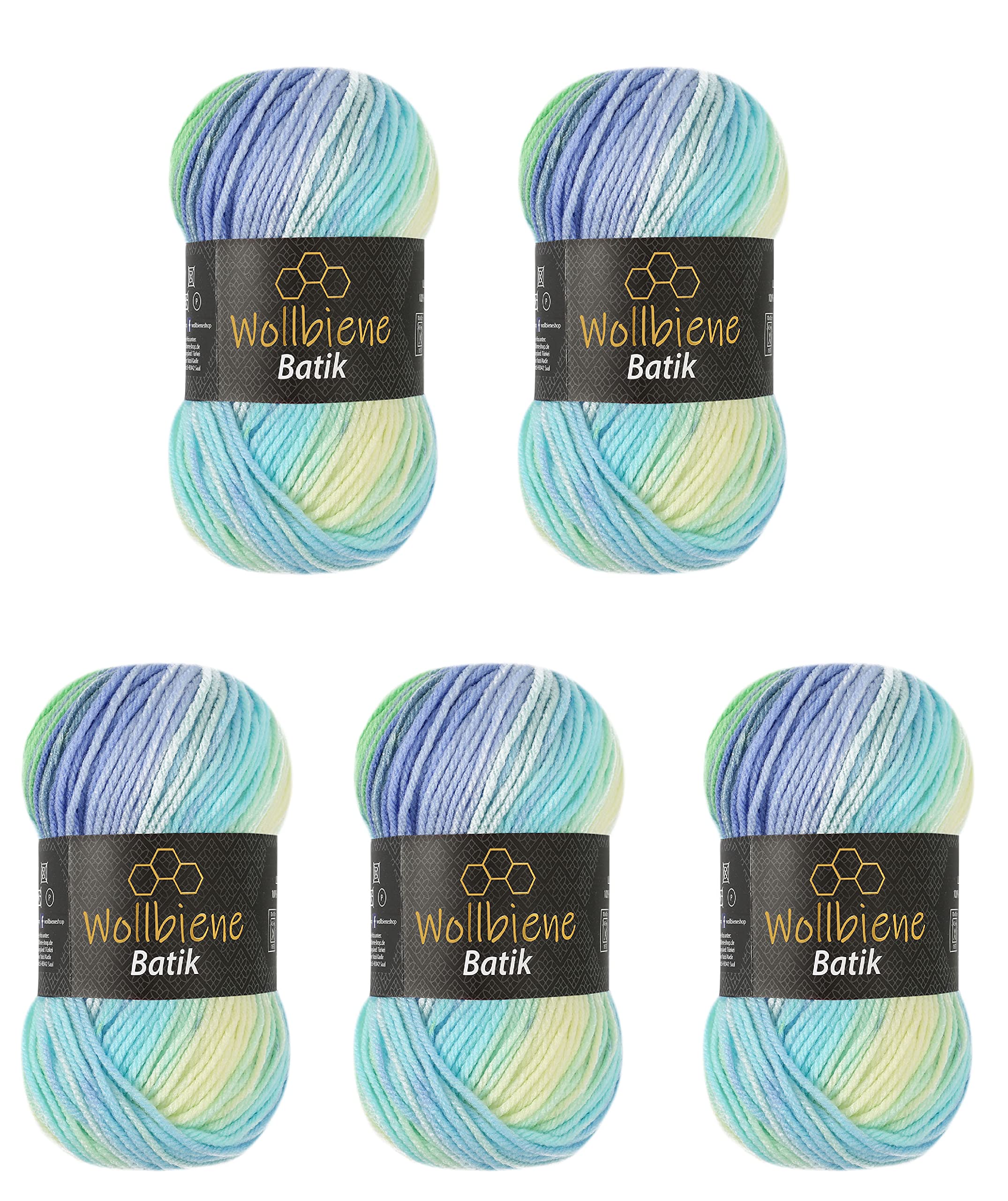 5 x 100 g Wollbiene Batik, 500 g Wool with Colour Gradient, Multicoloured Knitting Wool, Crochet Wool (5010 Blue, Green, Aqua) — image 1