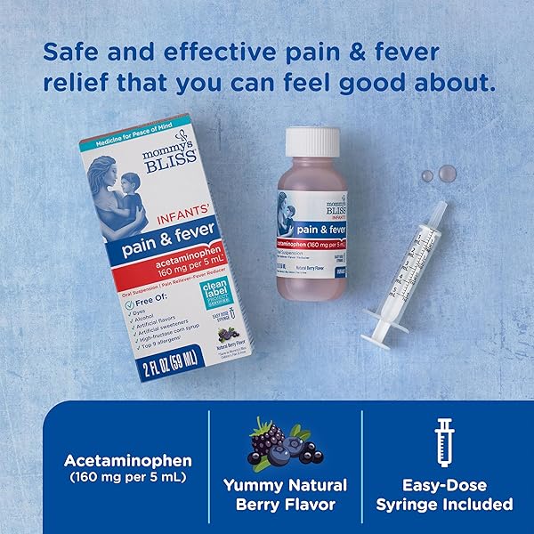 MOMMY’S BLISS INFANTS’ PAIN AND FEVER REDUCER, BABY ACETAMINOPHEN, DYE FREE, DELICIOUS MIXED BERRY FLAVOR, AGES 2+, 2 FLUID OUNCES