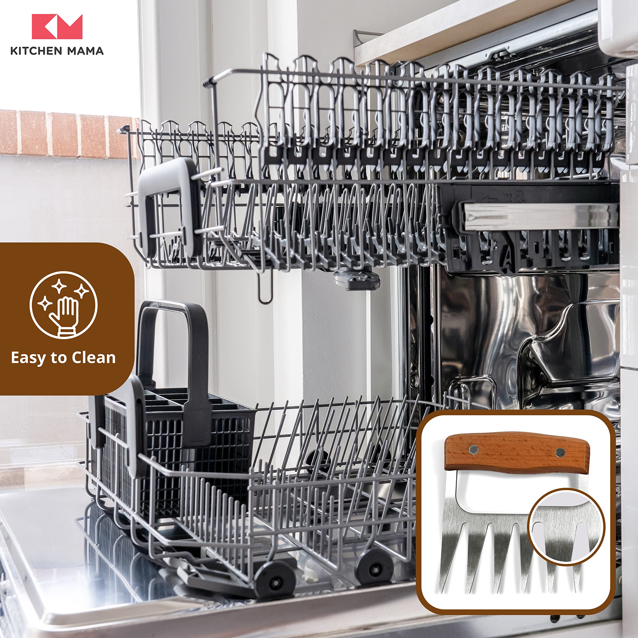 Kitchen Mama Meat Claws: Stainless Steel Shredder Claws with Wooden Handle for BBQ, Shredding, Pulling Pork, Chicken, Beef, and Turkey - Perfect for Grill Masters (1 Pair)