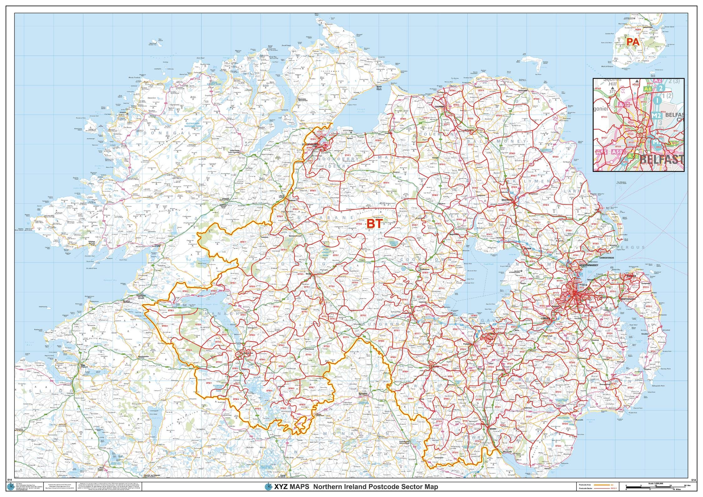 Northern Ireland Postcode Sector Wall Map (S14) - 47" x 33.25" Laminated