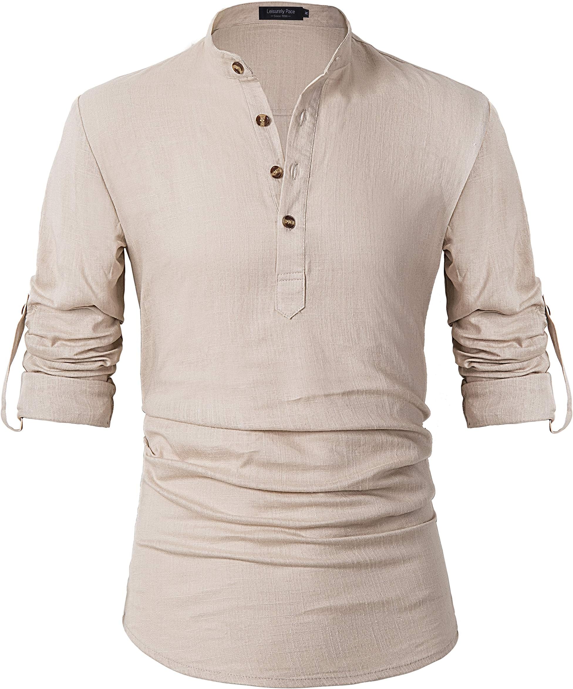 Men Henley Neck Roll Up Solid Long Sleeve Linen Band Collar Shirts