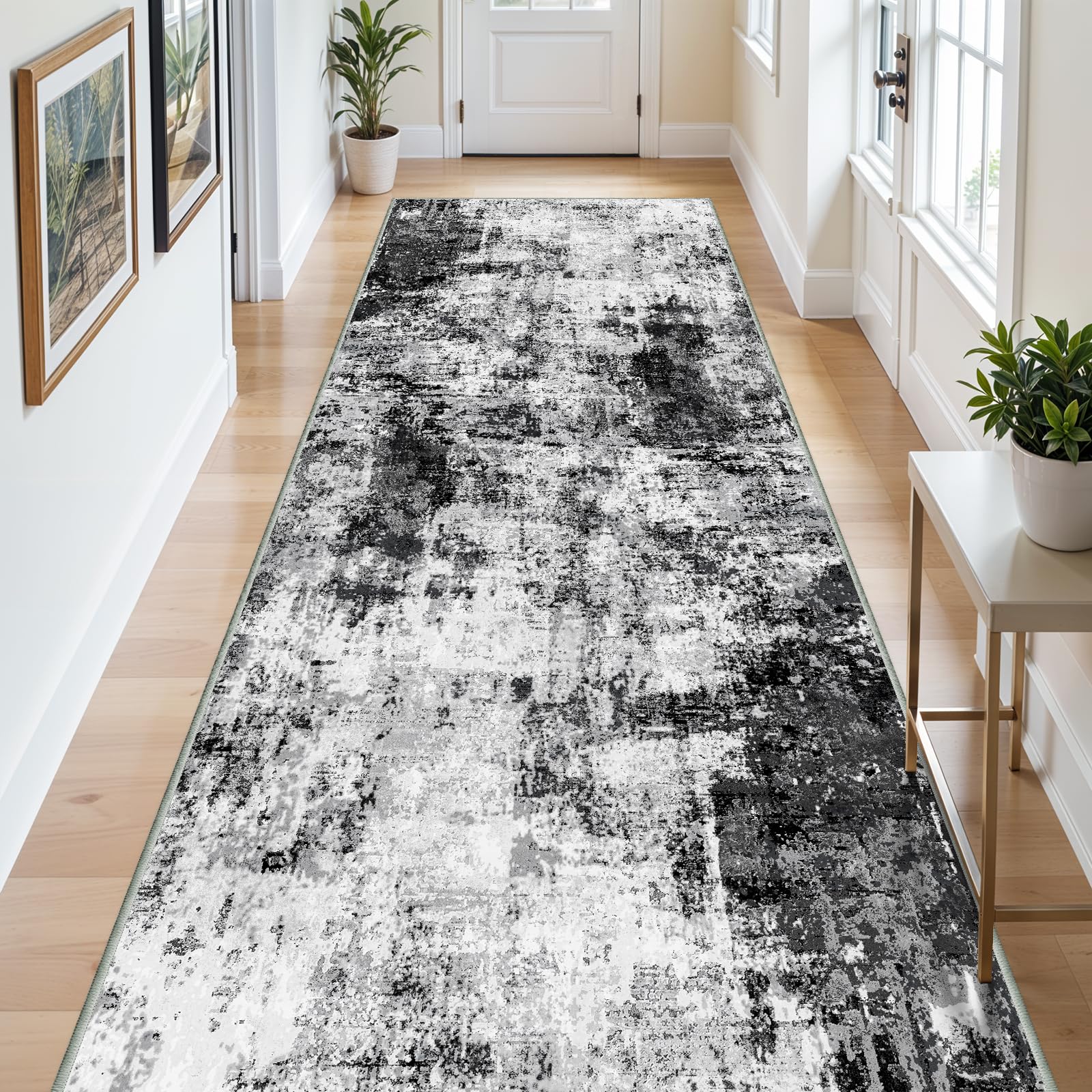 4x8 Wide Washable Runner Rug: Easy-to-Clean Runners for Hallway Entryway Kitchen Bedroom Living Room - Stain and Water Resistant Rugs with Non-Slip Backing - Soft Low-Pile Carpet Black Grey Image