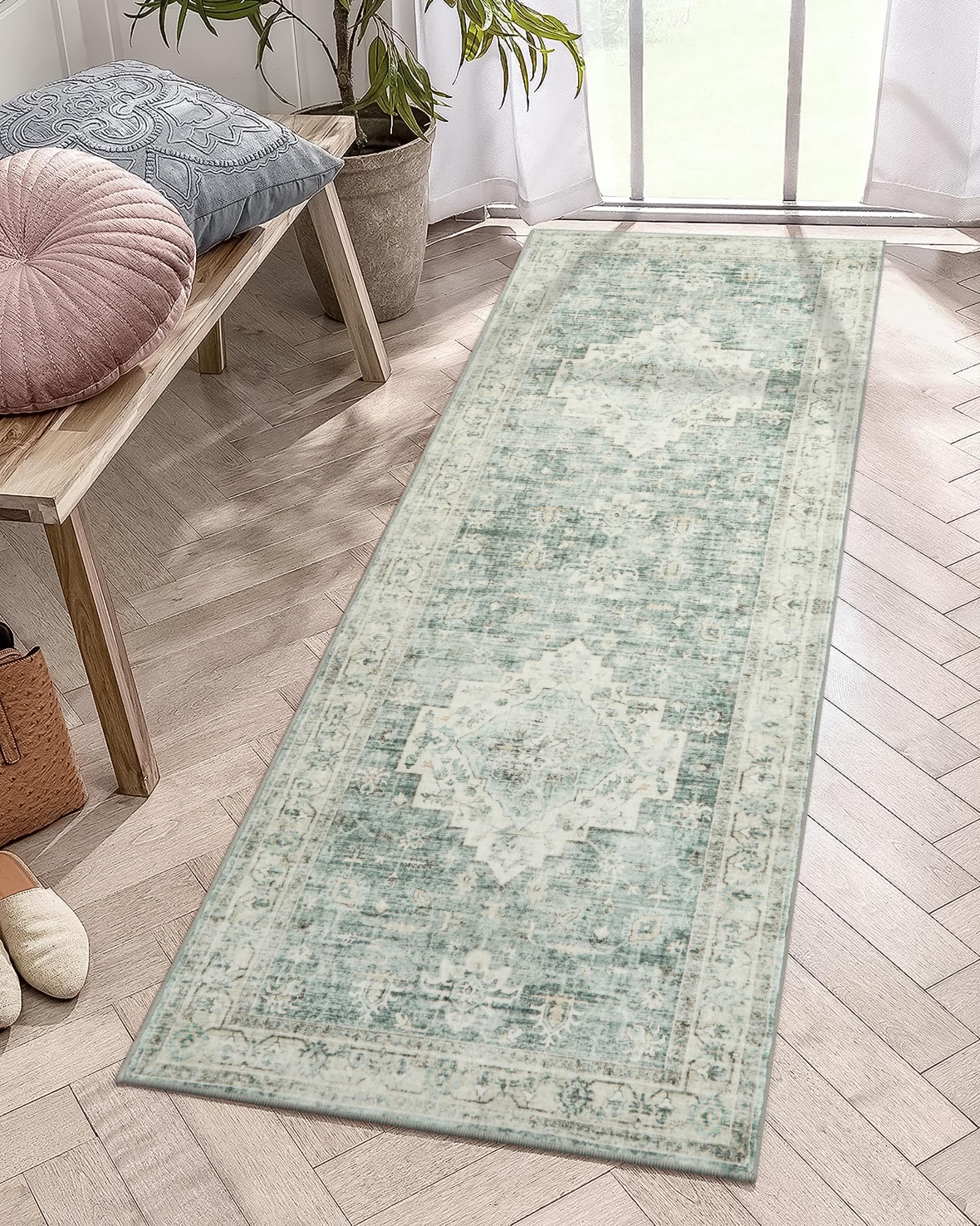 Photo 1 of LIVEBOX Washable 2x6 Runner Rug for Bathroom, Non Slip Kitchen Mats for Floor Entryway, Boho Indoor Front Door Mat Low-Pile Runners for Hallways, Farmhouse Rugs for Laundry, Sage Green