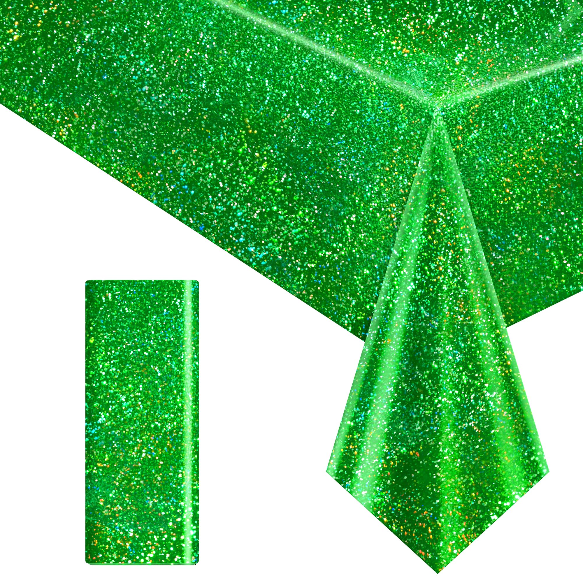 View 1 of 1 pcs Green Holographic Laser Tablecloth 40" x 108" Christmas Table Cloth Shimmer Shining Plastic Metallic Table Cover for Jungle Safari Wild One Baby Shower Birthday Party Decoration Supplies