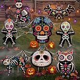 Yerliker 8 Pcs Day of The Dead Yard Decor, Sugar Skull Signs, Colorful | Dia De Los Muertos Outdoor Decorations, Skull Cat Owl Skeleton Sign with Stakes for Halloween Party Lawn, Garden, 16 Inch