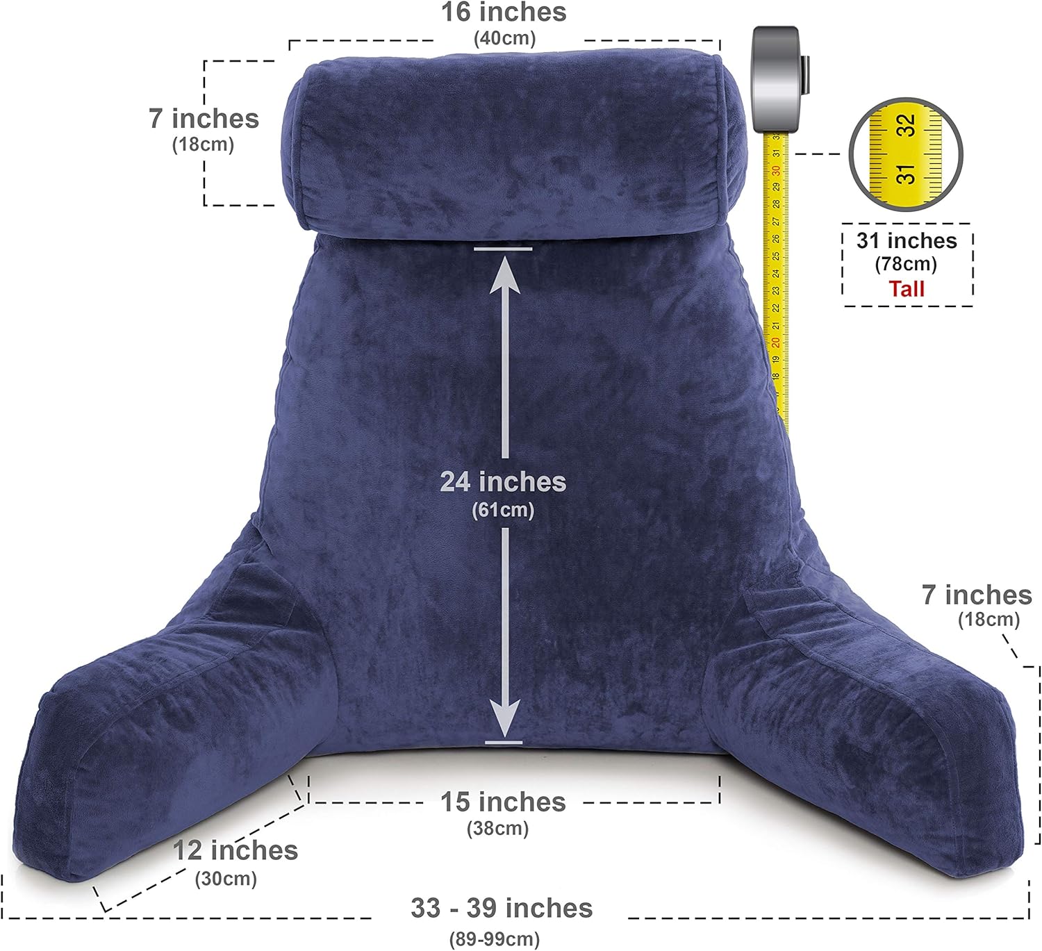 Husband Pillow - Dark Blue, Big Backrest Reading Bed Rest Pillow with Arms, Plush Memory Foam Fill, Remove Neck Roll Off Bungee, Change Covers, Zipper On Shell of Bed Chair for Adjustable Loft: Home & Kitchen