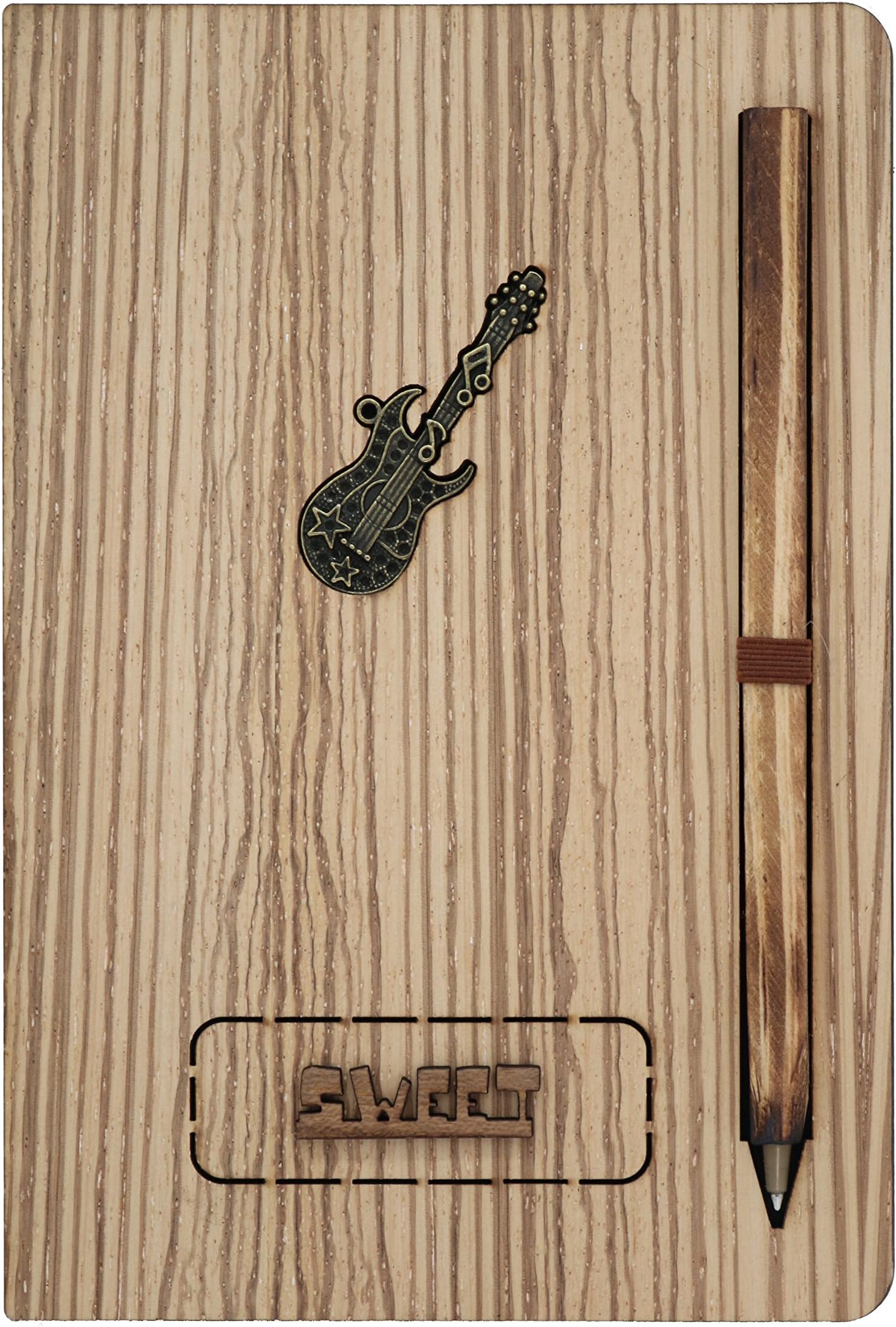 Wooden Notebook with Attached Pen - Natural Wood Series | Unique Wood-Covered Notebook & Pen Set with Bronze Crests | No Line, White/Brown Pages with Designs (Guitar)