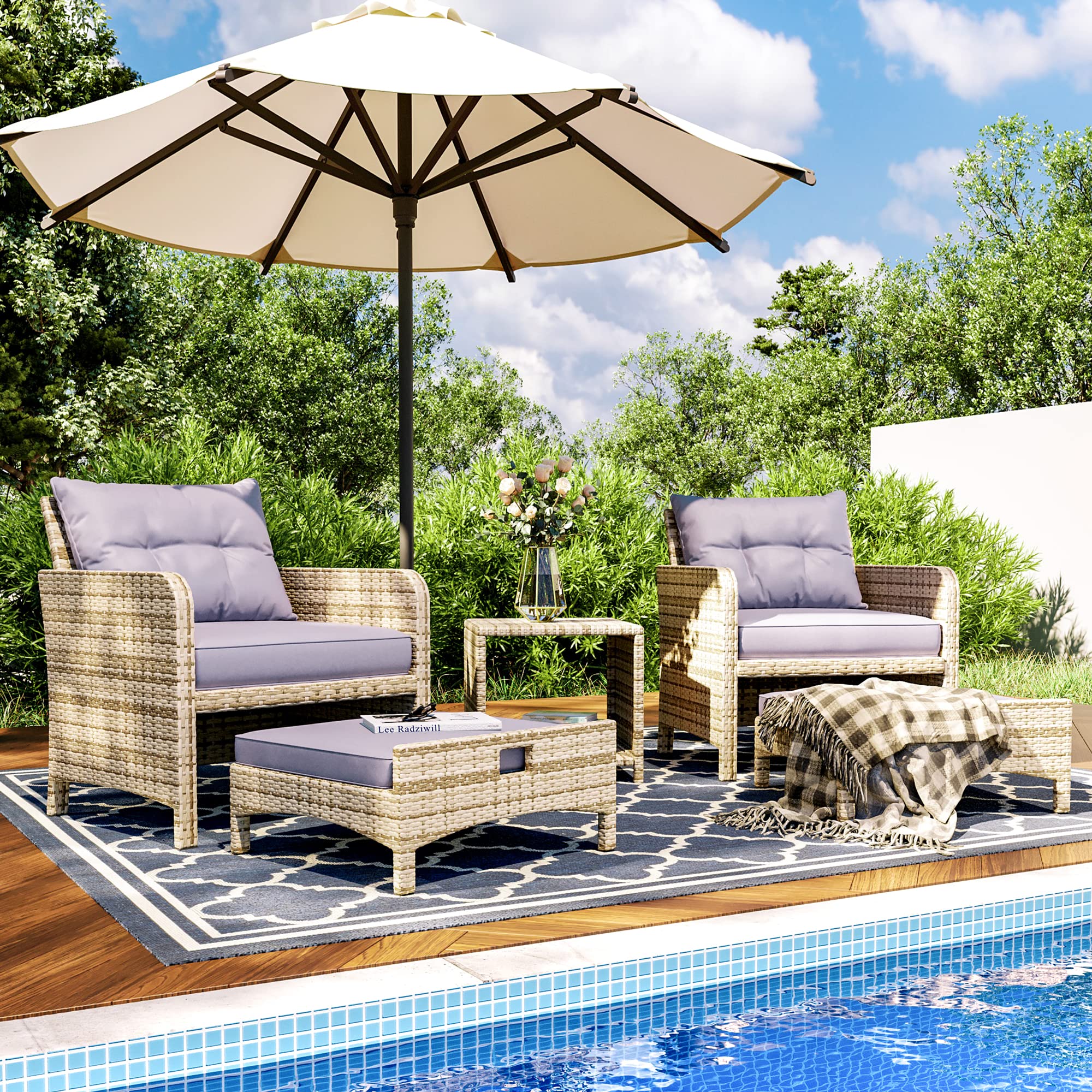 Photo 1 of *ONLY BOX 2 OF 2* Pamapic 5 Pieces Outdoor Patio Wicker Chairs Set with Ottoman, Outside Conversation Furniture Set with Cushions and Coffee for Balcony Porch Lawn Garden Table (Purple Cushion + Grey Rattan)