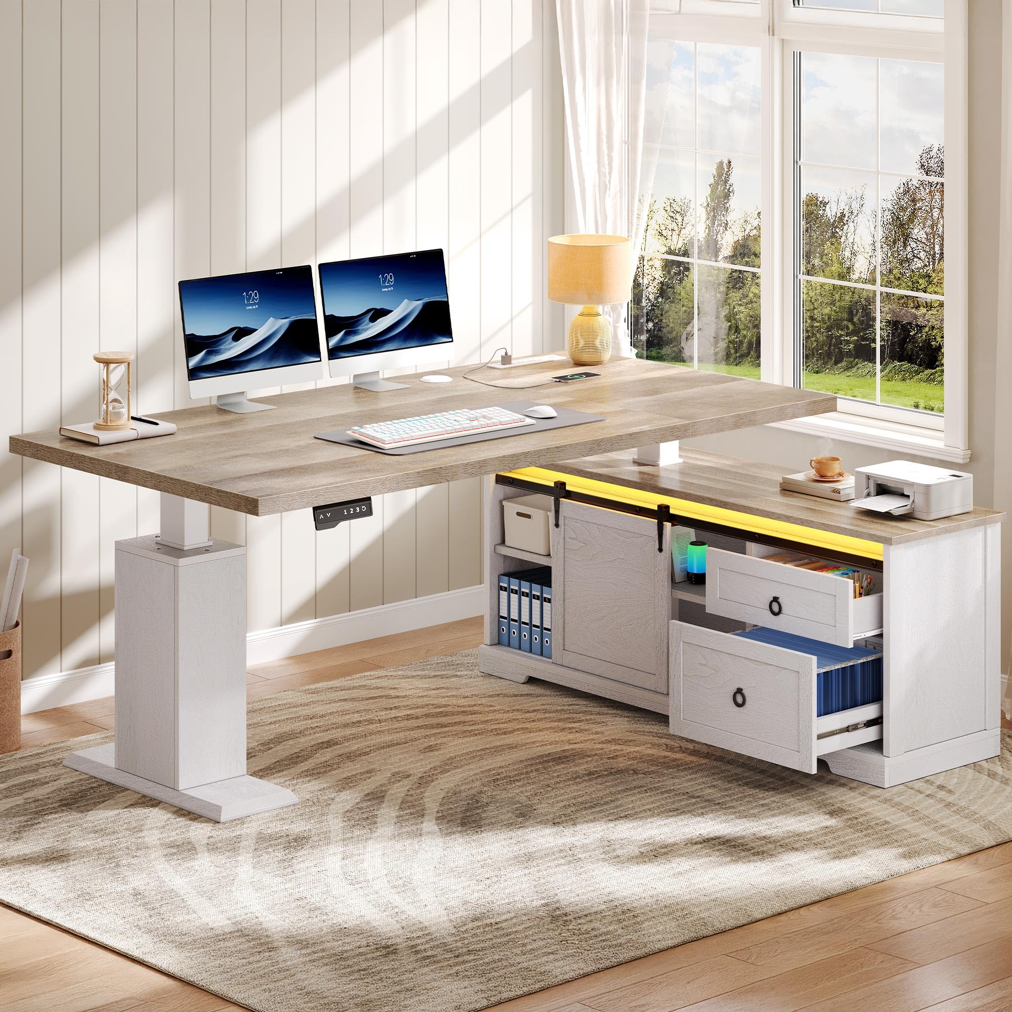 Photo 1 of *** PARTIAL SET - BOX 2 OF 2 ONLY *** YITAHOME L Shaped Standing Desk with Power Outlets & LED Lights, 63" Farmhouse Electric Standing Desk Adjustable Height Sit Stand Corner Stand Desks with Drawers & Sliding Door, Grey Wash