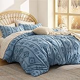 Bedsure Boho Tufted Blue Comforter Set Queen Size, GentleSoft™ 3 Pieces Boho Farmhouse Decor Bedding, Exquisite Shabby Chic Bedding for All Seasons, 1 Bed Comforter, 2 Pillow Shams, 90x90 Inches