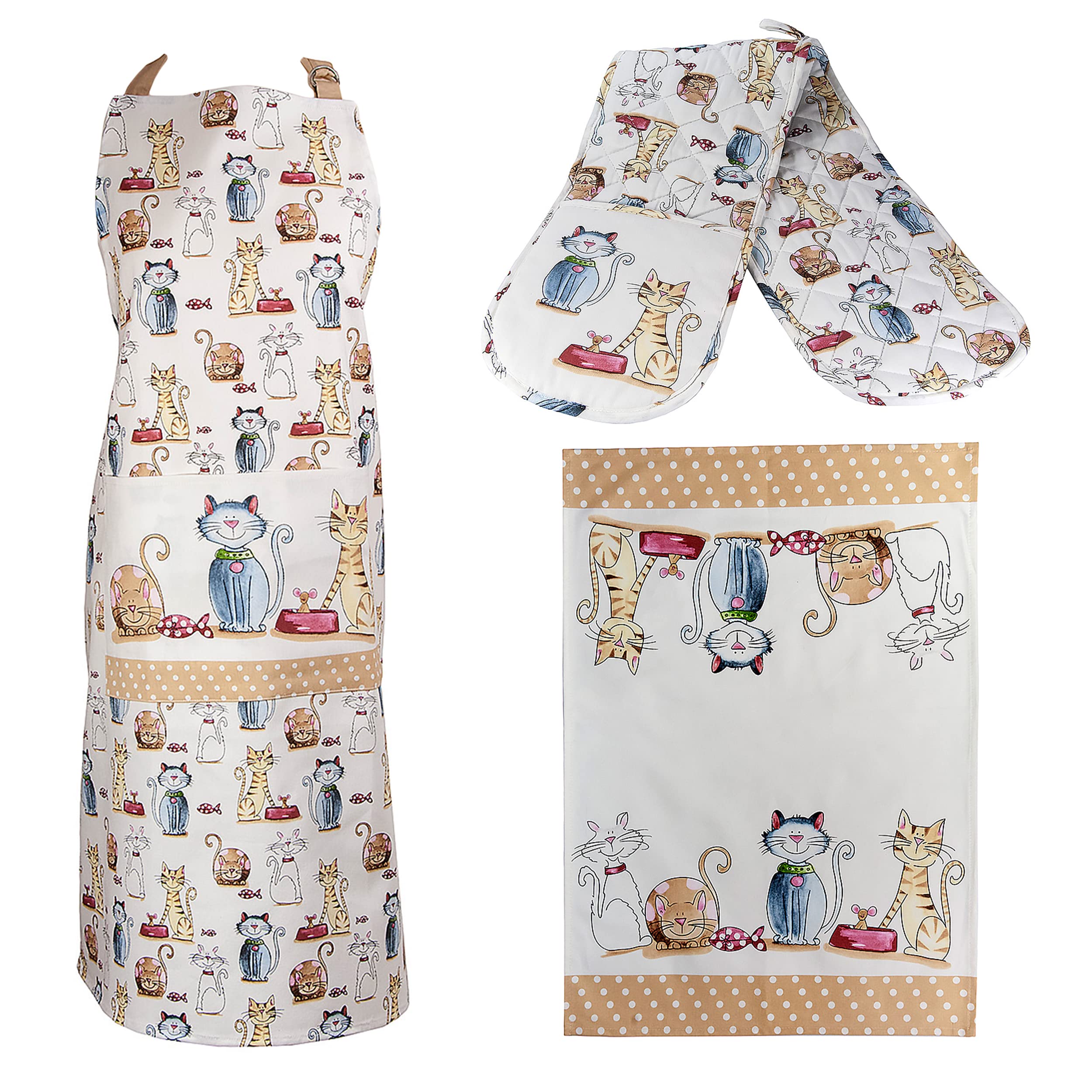 SPOTTED DOG GIFT COMPANY 3 Piece Kitchen Textiles Set - Cat Apron, Double Oven Gloves & Tea Towel, 100% Cotton, Cute Animal Themed Kitchen Accessories for Cooking & Baking, Gifts for Cat Lovers