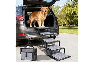 17" Wide Dog Stairs for Cars, 5 Steps Foldable Dog Ramps with Non-Slip Surface, Pet Stairs for Medium Large Dog, Portable Car