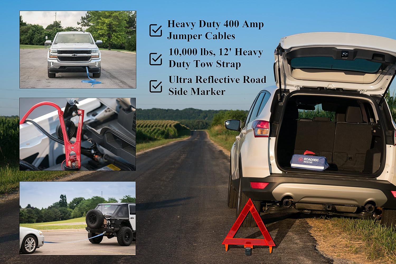 Roadside Emergency Assistance Kit - Packed 110 Premium Pieces & Rugged Bag - Car, Truck & RV Kit with Heavy Duty Jumper Cables • Heavy Duty Tow Strap • Safety Triangle • First Aid & more: Automotive