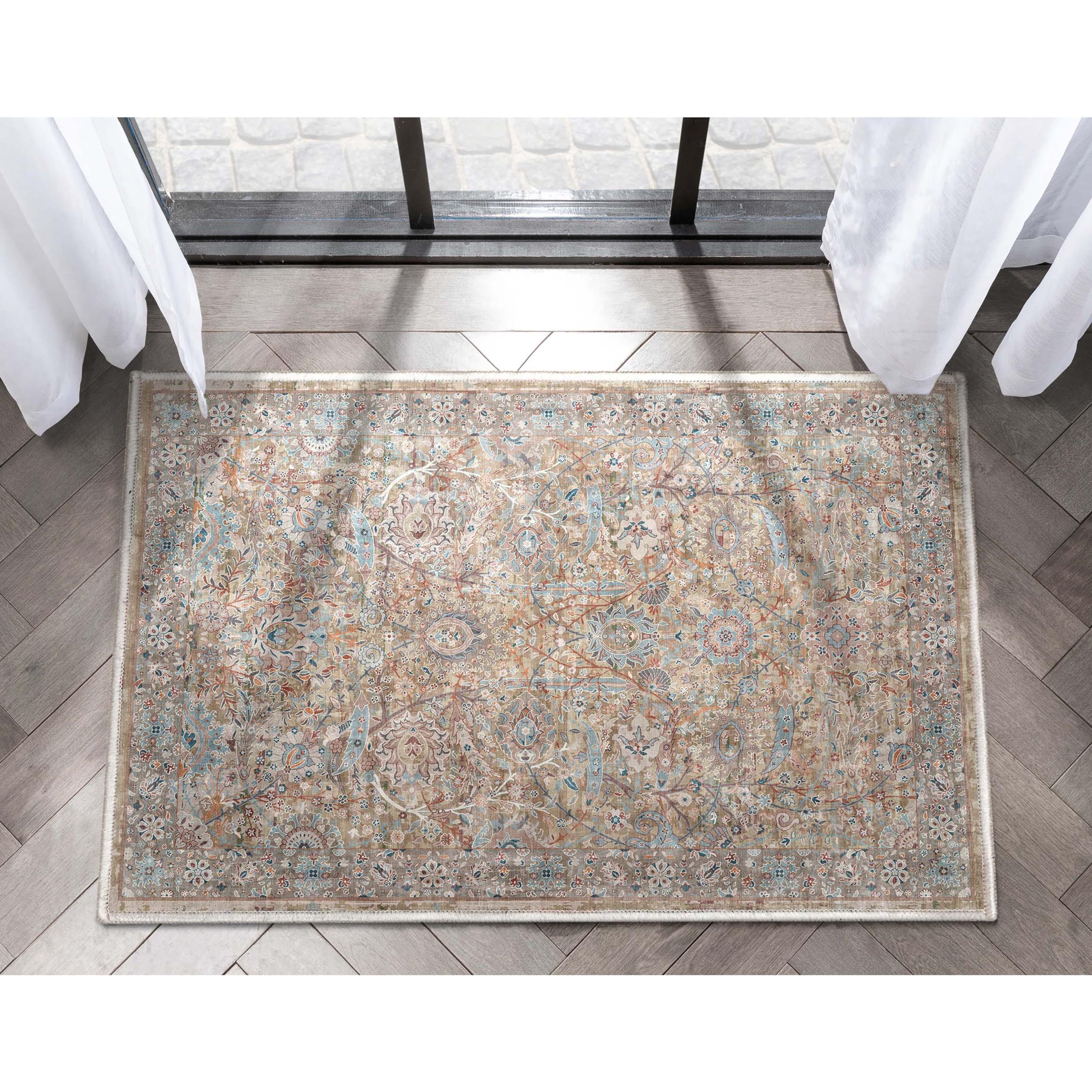 Well Woven Asha Collection Elegant Beige & Blue Oriental 2×3 Accent Doormat Perfect for Entryway or Kitchen Ideal for High-Traffic Areas with Vintage-Inspired Low Pile