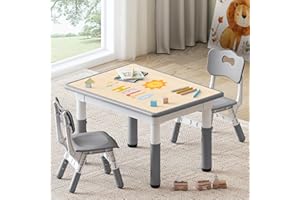 GITAWUSA Kids Study Table and Chairs Set, Height Adjustable Toddler Table and Chair Set for Kids Ages 3-8, 31.5" L x 23.6" W Graffiti Desktop Plastic Children Art Table with 2 Seats, Grey