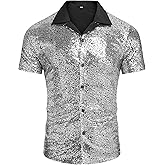 AstoSeu Men's Sequin Dress Shirt 70s Disco Costume Sparkle Party Short Sleeve Button Down Shirts