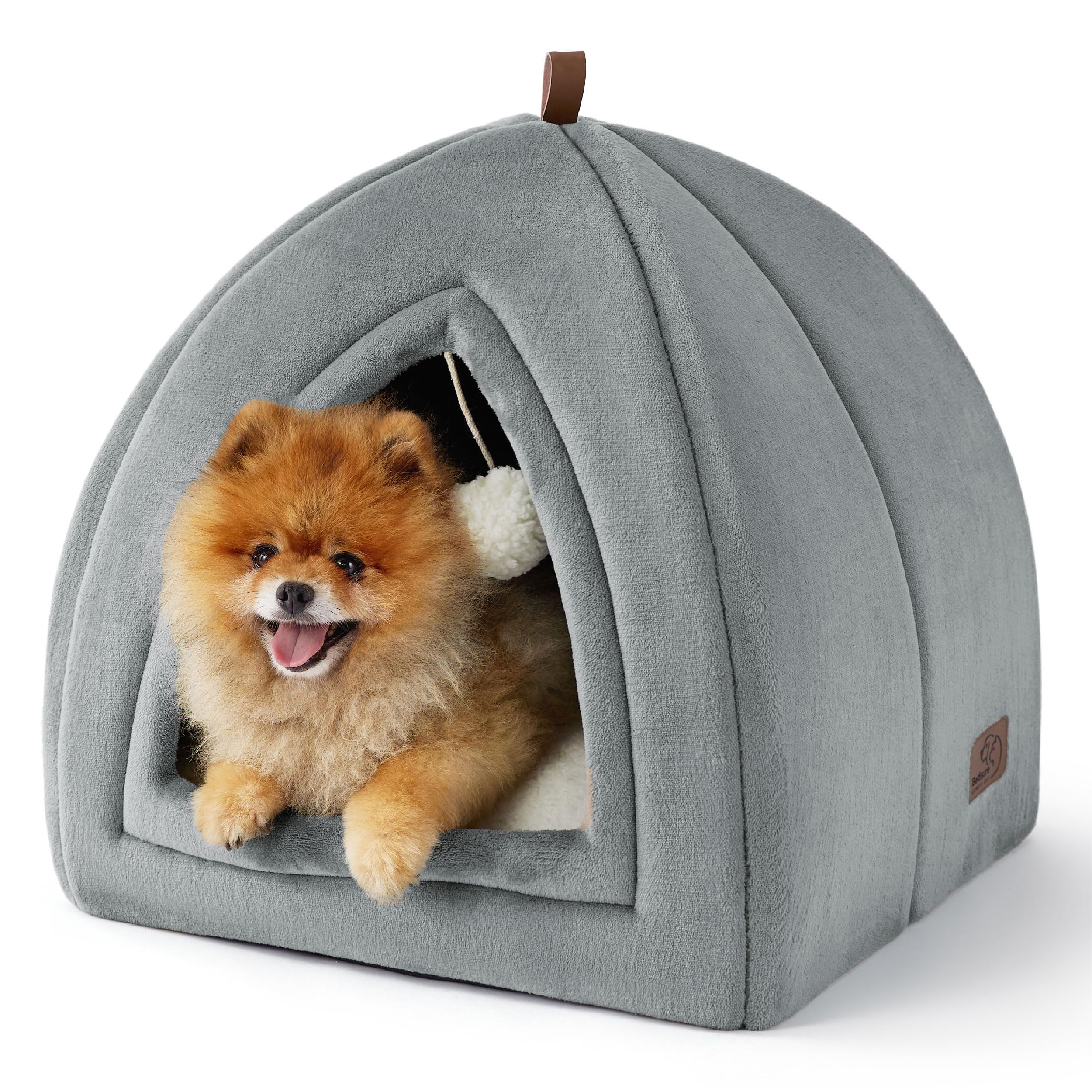 Bedsure Cat Cave Bed Indoor - Large Flannel Hooded Cat Igloo House, 44x44x44cm Enclosed Foldable Pet Bed with Removable Washable Cushion Pillow, Grey