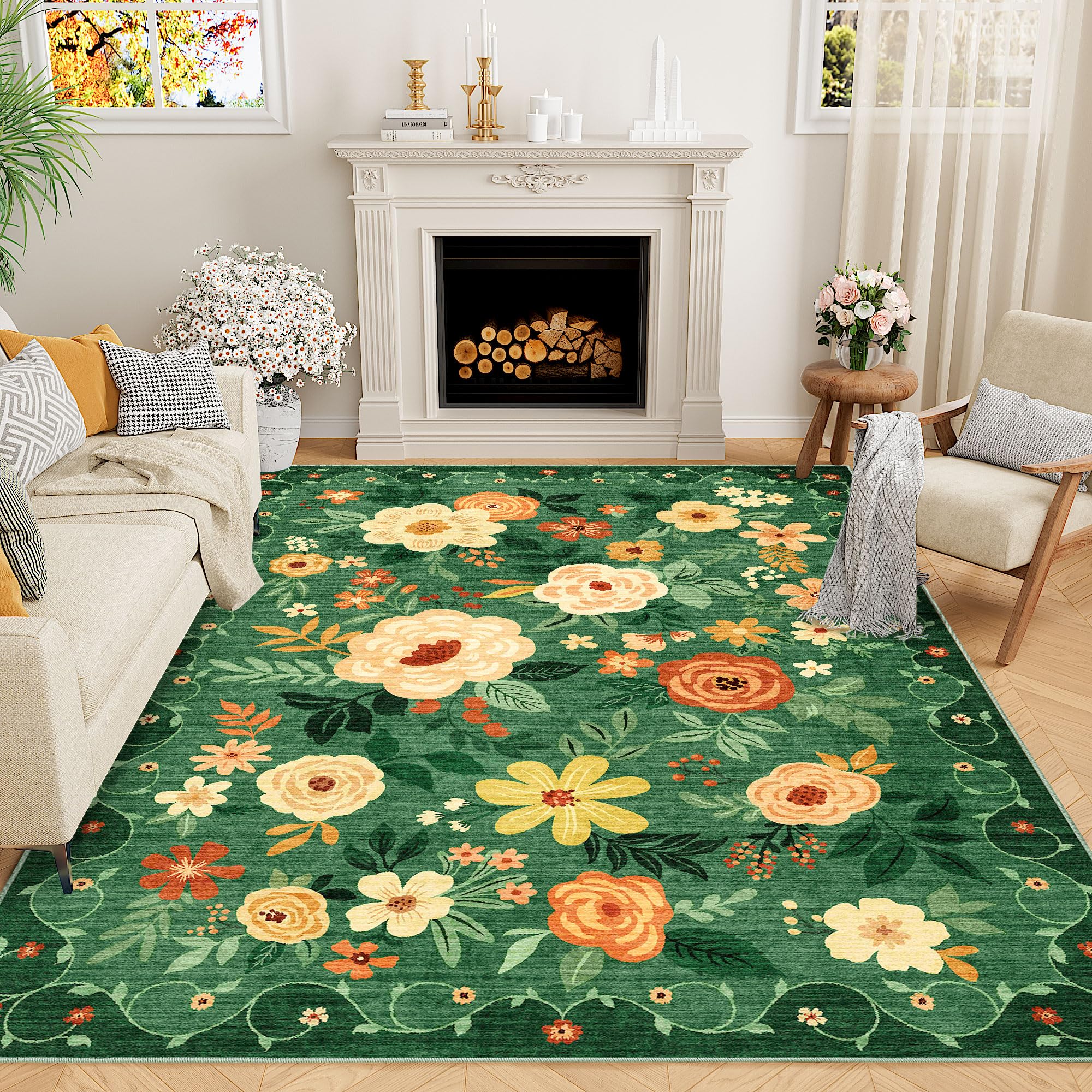 DUKINO 6x9 Area Rug, Floral Rugs for Living Room, Lightweight Non Slip Washable Rug, Indoor Low Pile & Non-Shedding Boho Design Rugs for Bedroom, Living Room, Dining Room, Dark Green Image