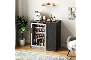 Herture Mini Fridge Cabinet with Storage, Coffee Bar Cabinet with Power Outlet, Fits 24" Wine Fridge, 3-Tier Organizer, Refrigerator Stand for Kitchen, Apartment, or Home Bar Black KH01MRB