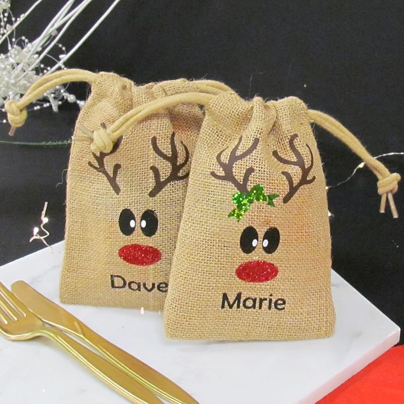 Personalised Christmas Mini Jute Bags, Christmas Place Name Setting