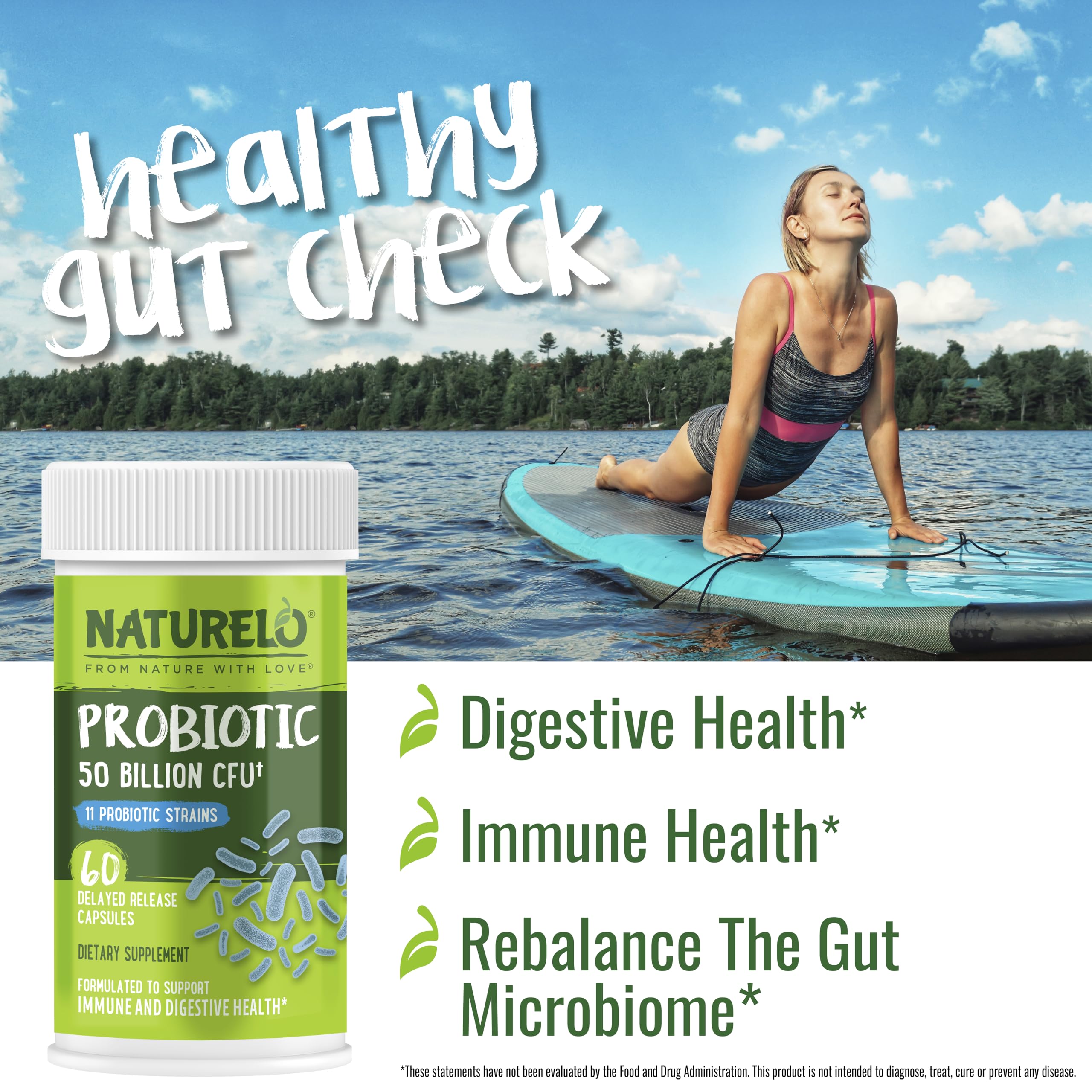 NATURELO Probiotics for Digestive Health - 50 Billion CFU, 11 Strains Daily Supplement - Boosts Immune System, Delayed Release, 60 Vegetarian Capsules
