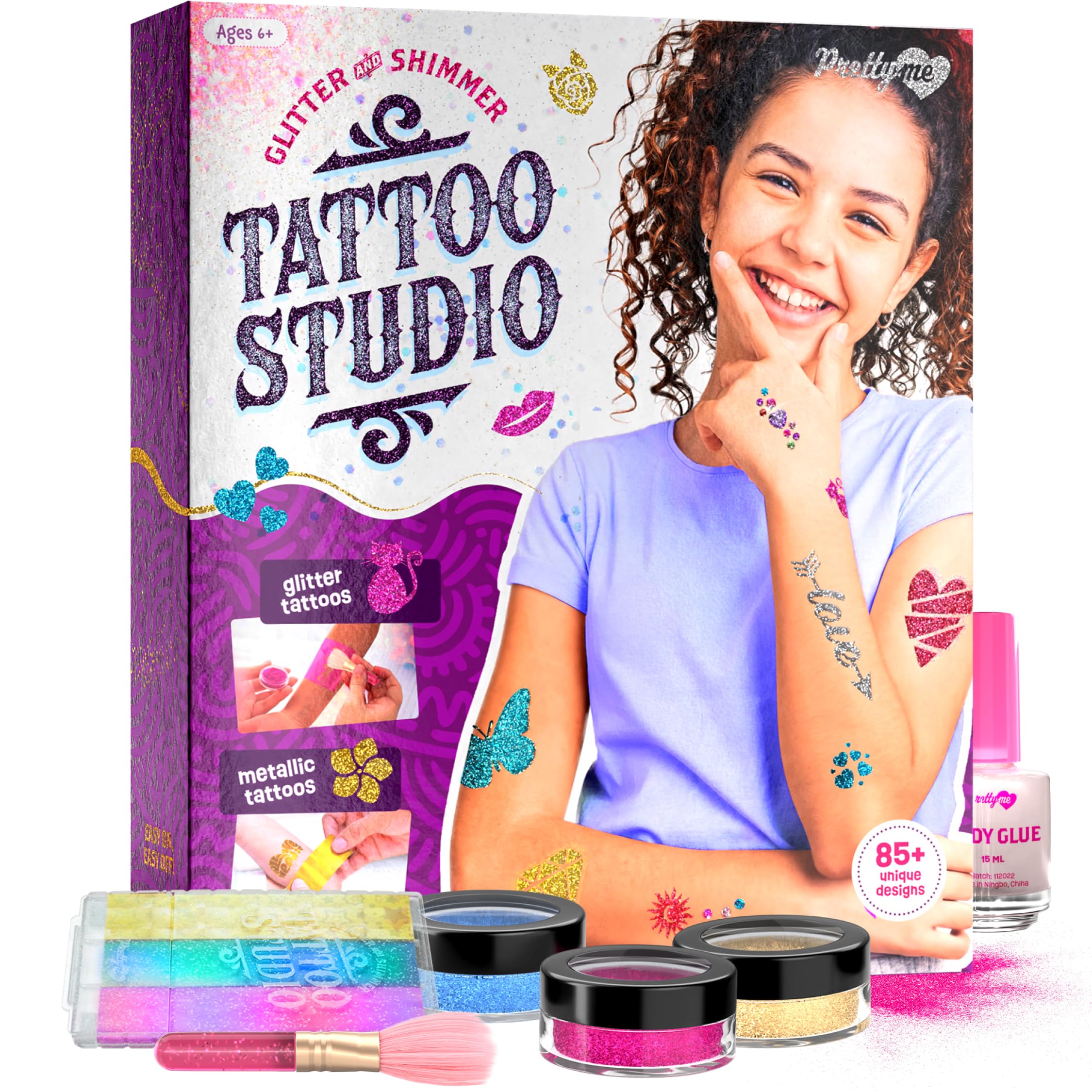 Pretty Me Glitter Tattoo Kit for Kids - Glitter & Metallic Fake Tattoos for Girls - Birthday Gift Ideas for Girl - Temporary Tattoo Set - Craft Kits Toys for Ages 6 7 8 9 10 11 Year Old - Cool Gifts