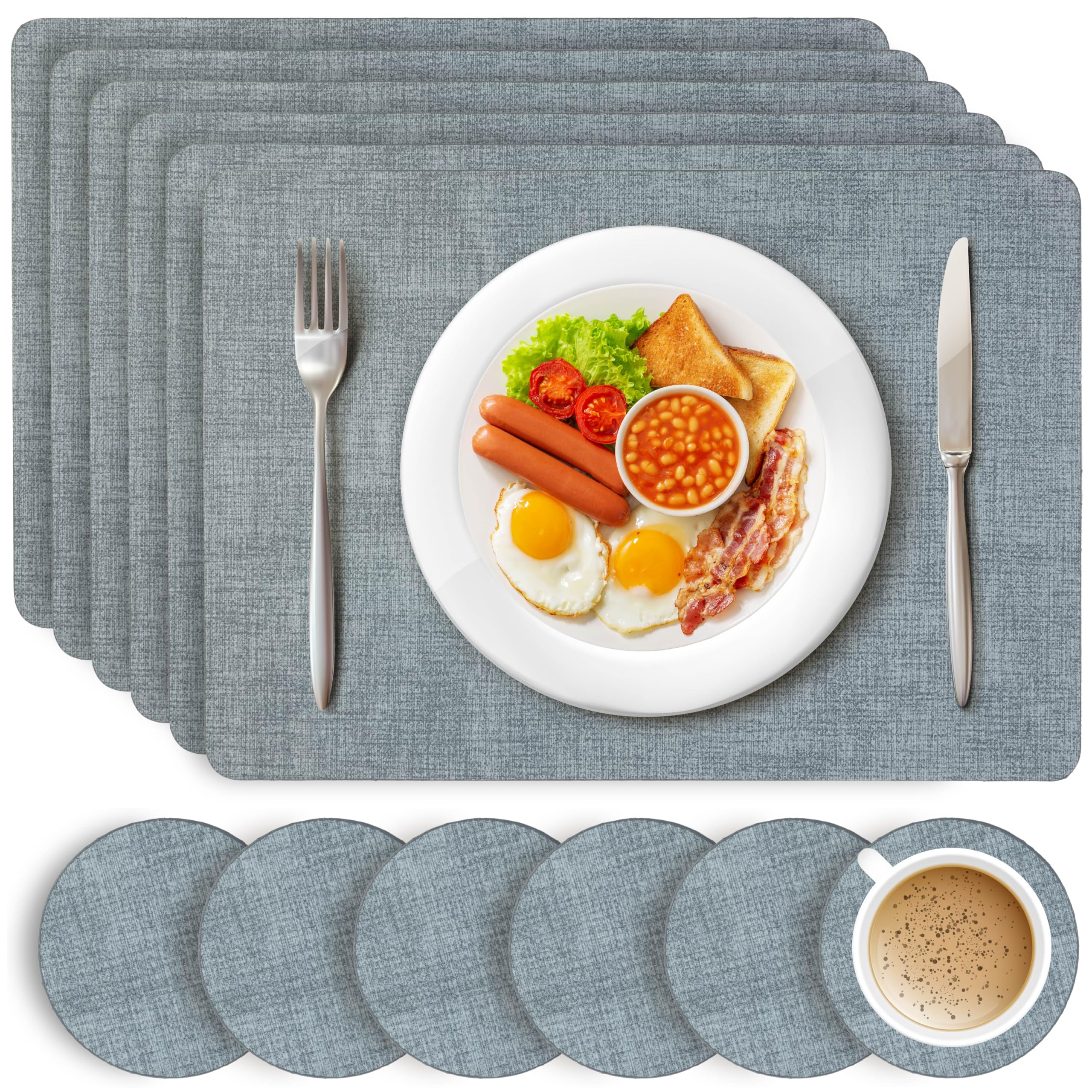 HEFTMAN Blue Placemats and Coasters - Set of 6 Large PU Leather Coasters and Place Mats for Table, Heat Resistant up to 100℃, Stain Resistant Wipe Clean Placemats, 43cm x 30cm
