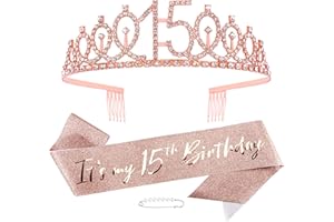 Vovii 15th Birthday Decorations for Girls, 15th Birthday Sash and Tiara for Girls, Quinceanera Crown for 15 Birthday Girl, 15th Birthday Gift for Teen Girls