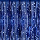 Picoway 4 Pack Foil Fringe Tinsel Backdrop Curtains, Birthday Engagement Bachelorette Party Decorations, Photo Booth Props Door Streamers Curtain (Blue)