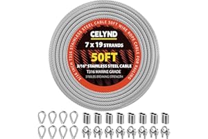 CELYND Stainless Steel Cable for Railing - 50FT 3/16" T316 Wire Rope - 7 x 19 Strands 3700 LBS Breaking Strength with Clamps Thimbles and Crimping Sleeves for Outdoor Deck Railing DIY Projects