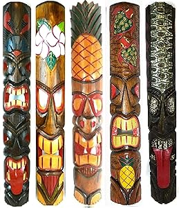 Set of 5 40" Polynesian Hawaiian Tiki Bar Style Wall Masks Island Art