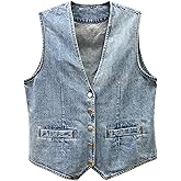 Women's V Neck Denim Vest Snap Button Down Jean Vest Sleeveless Denim Jacket with Fashion Sand Wash