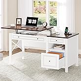 YITAHOME Computer Desk with Drawers, Farmhouse Desk with Lift Top, Office Desk with Power Outlets, Standing Desk with Storage