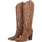 Celbreez Cowboy Boots for Women Cowgirl Boots Women Suede Knee High Boots Rhinestones Embroidered Western Boots Pointed Toe Chunky Heel Side Zip Festival Country Concert Shoes