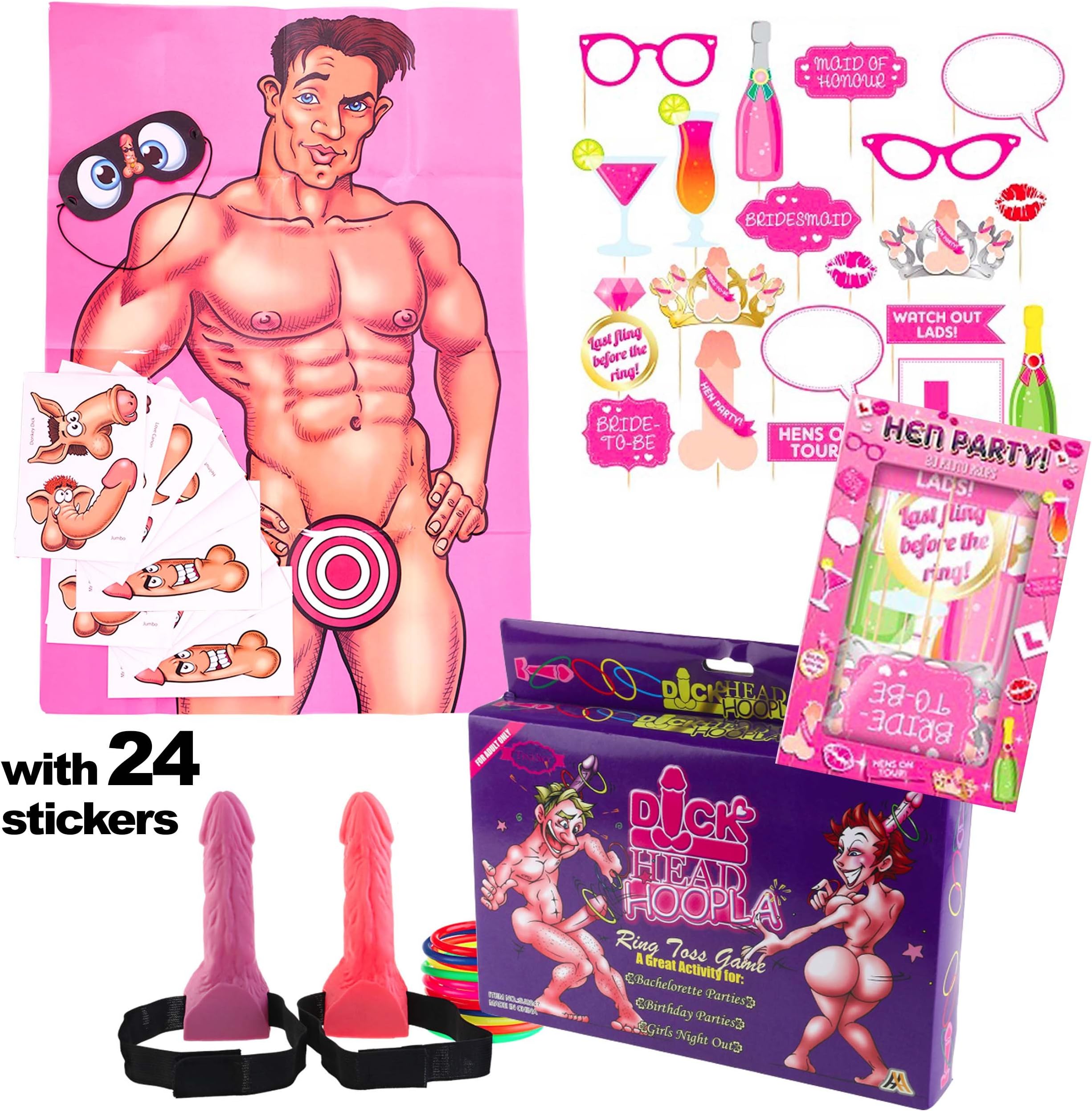 Hen Party Games for 24 Players: Junk on the Hunk with 24 stickers, Dick Head Hoopla Game, Hen Party Photo Booth Props