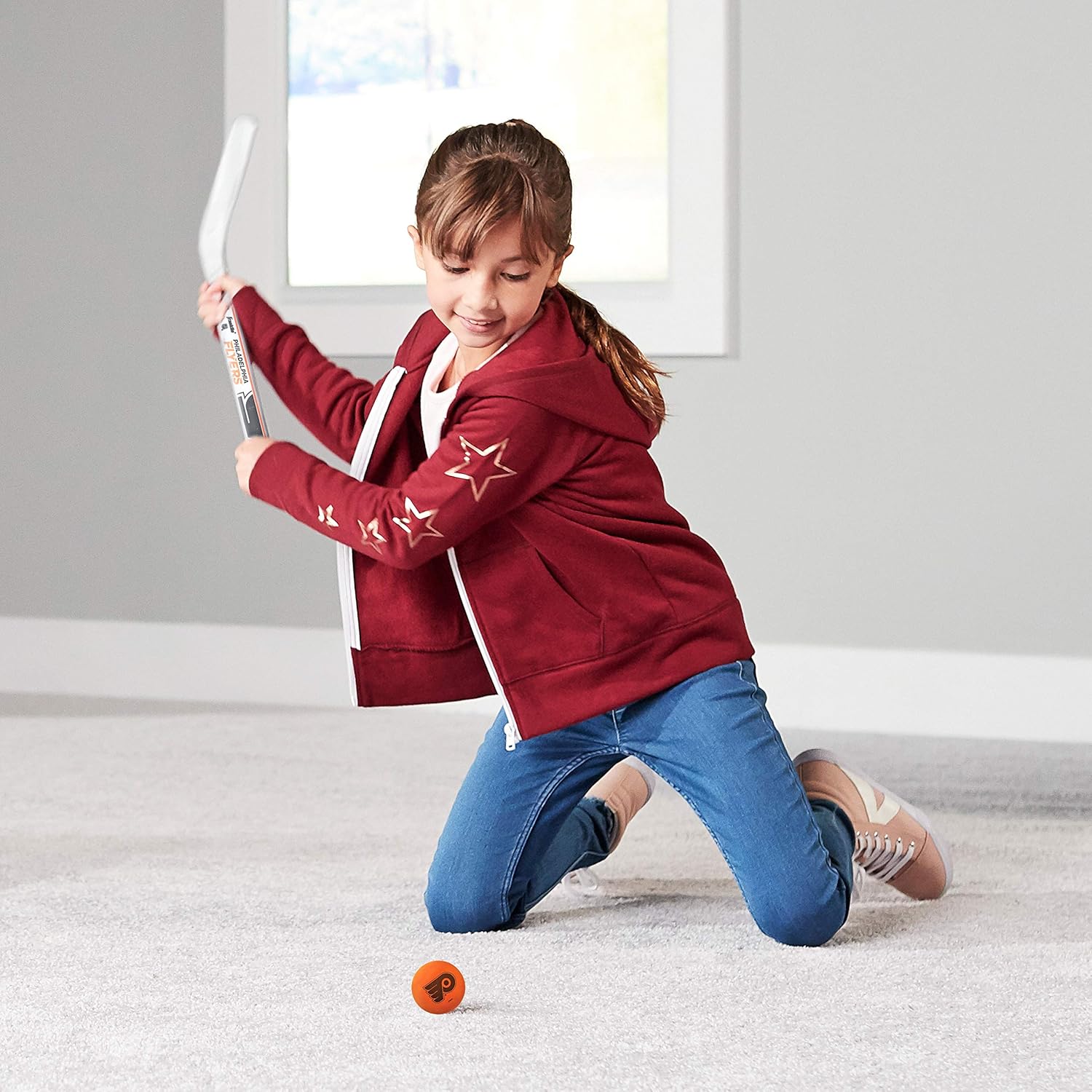 Franklin Sports NHL Philadelphia Flyers Mini Hockey Stick Set - NHL Team Knee Hockey Stick and Ball Set - Two Player Stick Set - Great Toy for Kids : Hockey Goals : Sports & Outdoors
