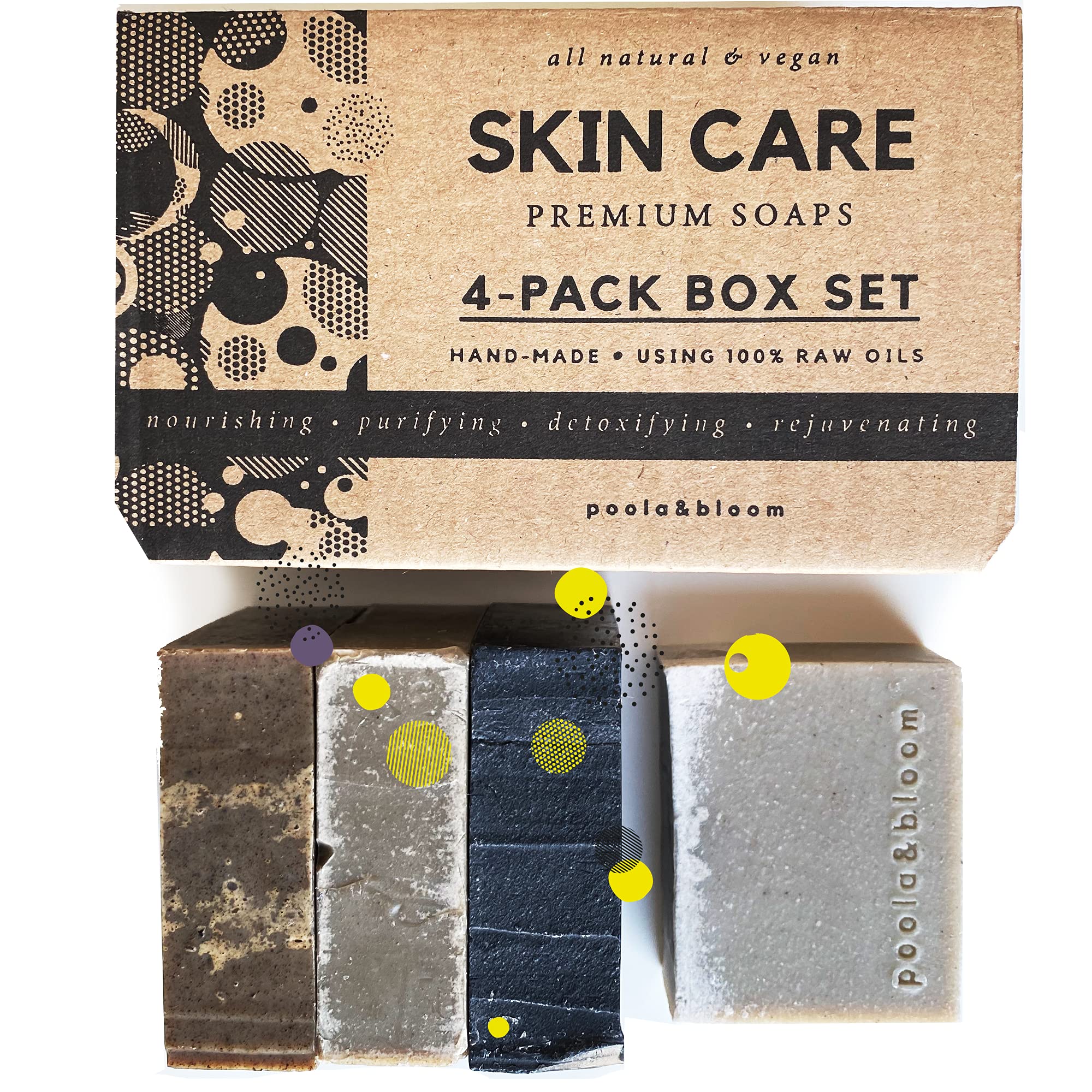 Poola & Bloom Moisturising Vegan Soap Bar Set - Cruelty-Free Handmade Bars, Achieve soft, supple skin daily, Natural Charcoal for Deep Cleansing
