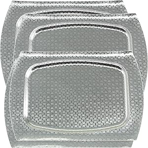 Maro Megastore (Pack of 4) 14.2 Inch x 9.8 Inch Oblong Chrome Plated Serving Tray Stylish Floor Pattern Engraved Decorative Party Birthday Wedding Dessert Buffet Wine Decor Platter Plate CC-446