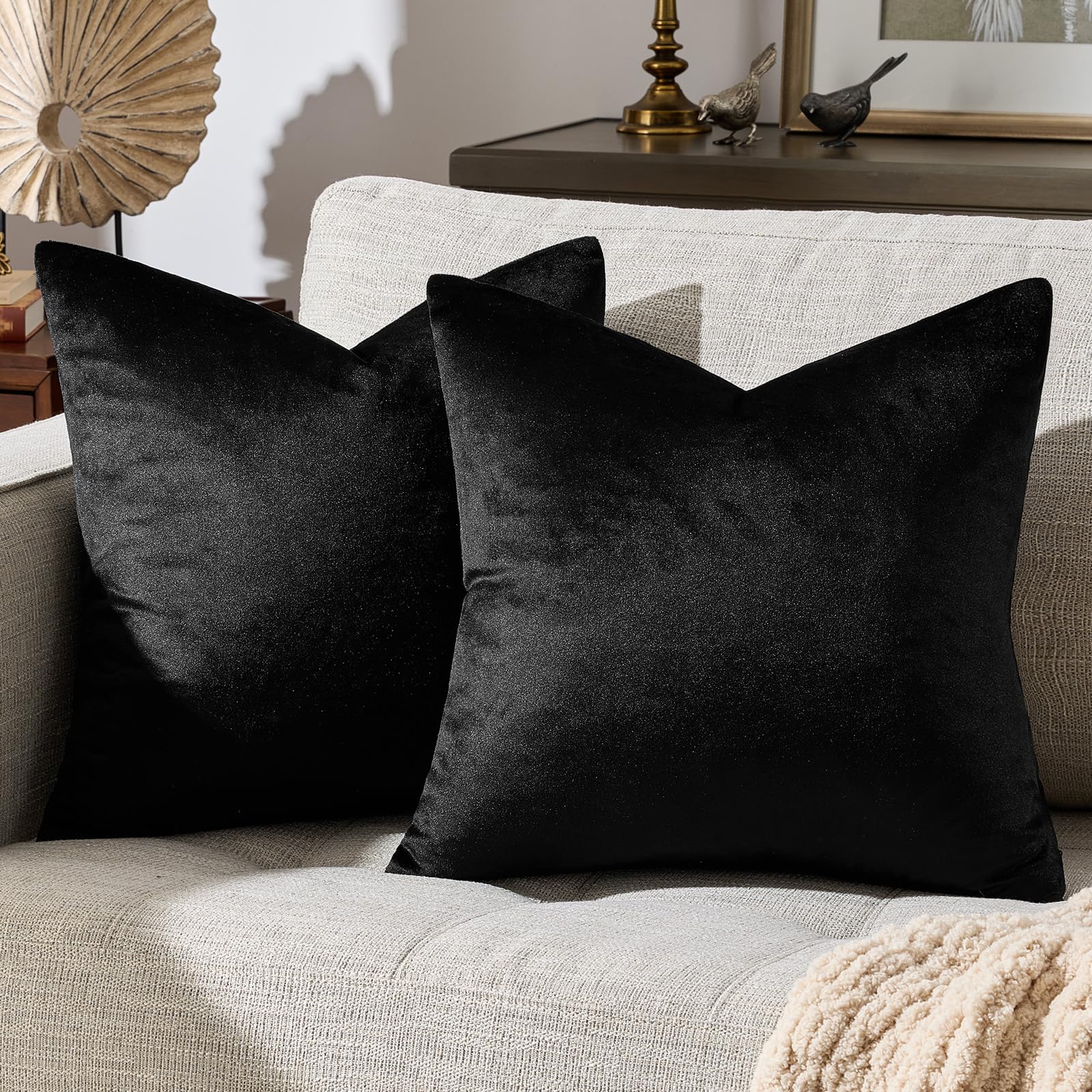 GIGIZAZA Velvet Black Cushion Covers 22 x 22 inches Decorative Throw Pillowcases 55 x 55cm for Sofa Bedroom Living room 2 pack