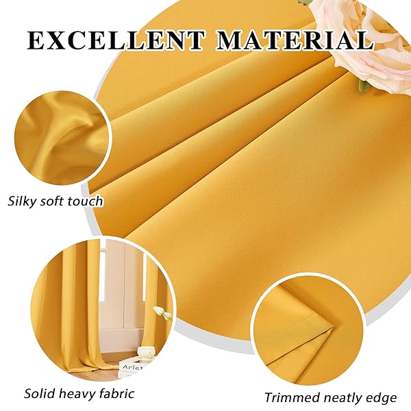 YELLOW OCHRE ROOM DARKENING CURTAINS THERMAL INSULATED DRAPES SOLID WINDOW TREATMENT SET GROMMET TOP LIGHT BLOCKING BLACKOUT CURTAIN FOR LIVING ROOM/BEDROOM (2 PANELS,W52 X L96 INCH,YELLOW OCHRE)