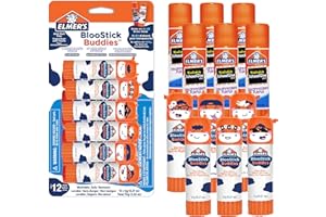 Elmer's BlooStick Buddies Lot de 12 bâtons de colle bleue disparaissant, capuchon anti-roulement, 6 g