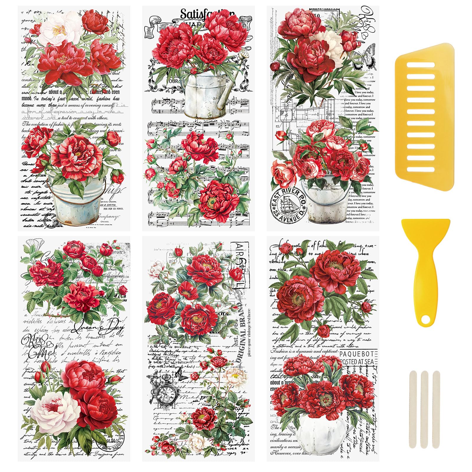 WANDIC 6 Sheets Red Flower Rub On Transfer Sticker, Vintage Retro Pattern Stickers Transfer Decals for DIY Photo Albums Furniture, 5.9 * 11.8in